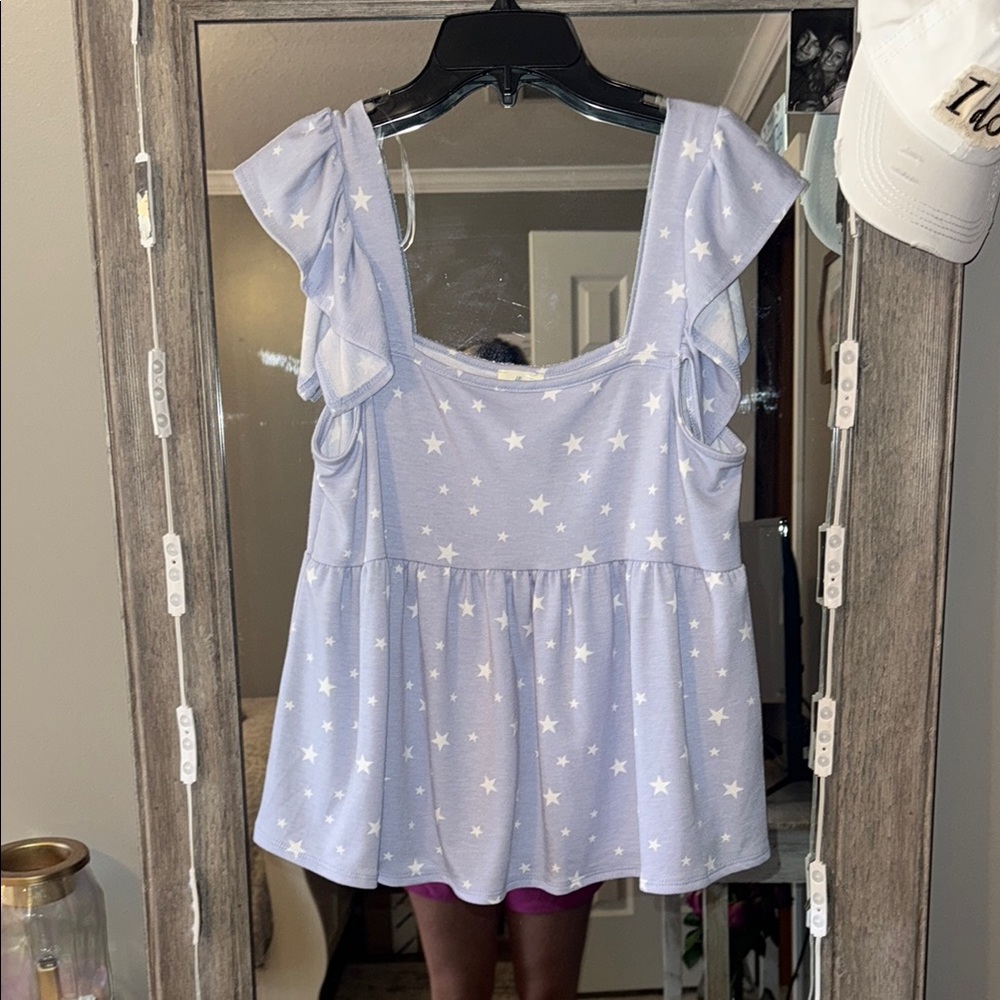 Starry Blue Ruffle Sleeve Top